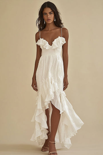 Robe longue de fiançailles à bretelles spaghetti en tulle blanc